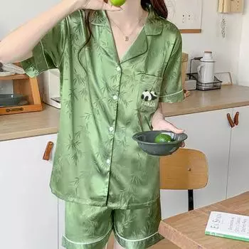Лето 2024, новые женские милые атласные шелковые пижамные комплекты с забавными мультяшными принтами и короткими рукавами + брюки, женские ледяные шелковые милые зеленые домашние костюмы, повседневная одежда M зелёный