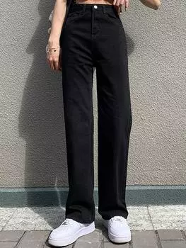 Лето 2024, новые женские свободные брюки, студентки, мешковатые джинсовые брюки, женские черные повседневные широкие джинсы в консервативном стиле, большой размер S чёрный