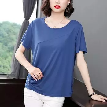 Лето 2024, новый стиль, свободная футболка большого размера с короткими рукавами, круглый вырез, ледяной шелк, модный темпераментный женский топ для мам среднего возраста L красный
