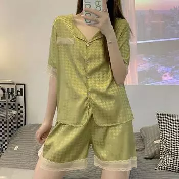 Лето 2024, новый женский сладкий атласный шелковый элегантный пижамный комплект с принтом «гусиные лапки», короткий рукав + брюки, женский ледяной шелк, милый зеленый, черный, домашняя одежда, повседневная одежда M чёрный