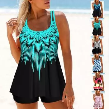 Лето 2024, обычный танкини, новый дизайн, женские купальники с принтом, комплект из двух предметов, комплект бикини, пляжная одежда, купальник, комплект купальников S чёрный