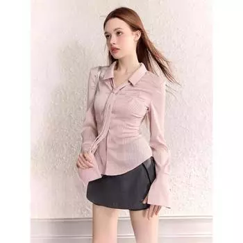 Лето 2024, очаровательные стильные женские полосатые блузки с отложным воротником и пышными рукавами, женские модные повседневные облегающие розовые рубашки S розовый