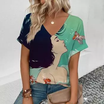 Лето 2024, персонализированный топ с v-образным вырезом, уличная футболка с цветочным принтом и короткими рукавами, легкая повседневная удобная женская одежда S