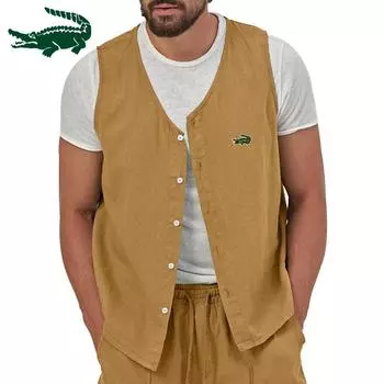 Лето 2024, повседневные однотонные льняные молодежные жилеты на тонких пуговицах с вышивкой, мужские топы без рукавов на пуговицах