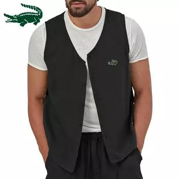 Лето 2024, повседневные однотонные льняные молодежные жилеты на тонких пуговицах с вышивкой, мужские топы без рукавов на пуговицах M чёрный