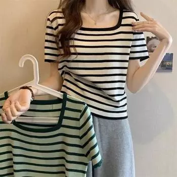 Лето 2024, повседневные тонкие футболки с квадратным воротником и короткими рукавами, топ, женские пуловеры в полоску, футболка, женские уличные футболки, женские топы M чёрный
