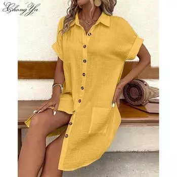 Лето 2024, простое платье на пуговицах с v-образным вырезом, женские платья-рубашки S белый