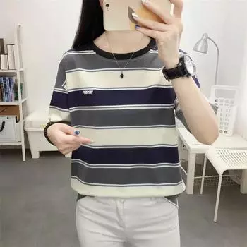 Лето 2024, пуловеры в полоску, футболки, женские повседневные свободные футболки с короткими рукавами, топ, женская уличная одежда, черные футболки, женские топы M чёрный