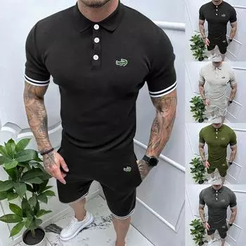 Лето 2024, шорты с короткими рукавами и вышивкой поло, комплект из двух предметов для спортивного и повседневного мужского поло, комплект S чёрный