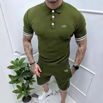 Лето 2024, шорты с короткими рукавами и вышивкой поло, комплект из двух предметов для спортивного и повседневного мужского поло, комплект S чёрный