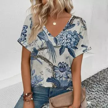 Лето 2024, удобная футболка для отдыха, женская элегантная футболка с v-образным вырезом, модная синяя футболка с цветочным принтом, футболка большого размера S