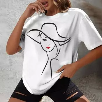 Лето 2024, уличная повседневная удобная повседневная женская футболка, модный и минималистичный топ с круглым вырезом и принтом, нарисованным вручную S