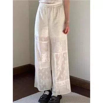 Лето 2024, винтажные свободные брюки с высокой талией, милые брюки с цветочной вышивкой, кружевные открытые брюки Y2k, эстетические повседневные брюки, шикарные XS белый