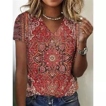 Лето 2024, женская футболка 5XL, винтажная повседневная черная модная черная модная пуловер с v-образным вырезом, свободные повседневные топы с короткими рукавами и принтом, дизайнерская одежда S