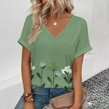 Лето 2024, женская футболка большого размера, модная цветная футболка с кистями и принтом для отдыха, элегантная футболка с v-образным вырезом, повседневная женская футболка S