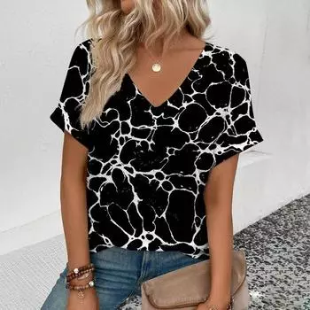 Лето 2024, женская футболка с v-образным вырезом, ретро полосатая футболка с принтом, модная популярная женская футболка с коротким рукавом для отдыха S