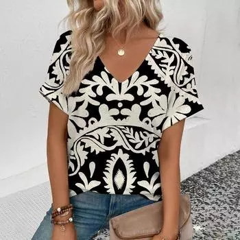 Лето 2024, женская футболка с v-образным вырезом, футболка с цветочным узором и принтом, модная повседневная женская футболка с коротким рукавом, комфортная футболка большого размера S