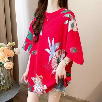 Лето 2024, женские футболки большого размера с цветочным принтом, топы y2k, модная футболка для подруг, уличная одежда в стиле Харадзюку в стиле хип-хоп M красный