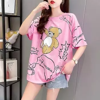 Лето 2024, женские футболки большого размера с принтом медведя в стиле каваи, розовые топы y2k, модная футболка в стиле Харадзюку, уличная одежда one size
