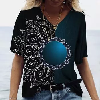 Лето 2024, женские футболки с абстрактной живописью и графическим принтом граффити, базовые топы с v-образным вырезом, женская рубашка, свободный модный пуловер, новинка 5XL