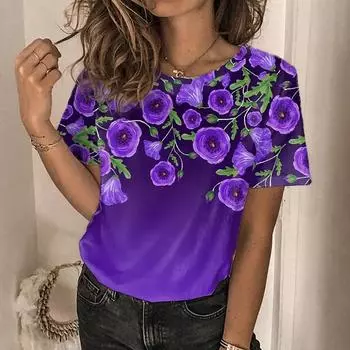 Лето 2024, женские футболки с цветочным рисунком, пуловер с круглым вырезом, уличная одежда с цветочным принтом, модные свободные топы больших размеров Y2K S