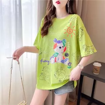 Лето 2024, женские милые футболки с рисунком большого размера с мультяшным принтом, зеленые топы y2k, модные футболки для пар, уличная одежда унисекс в стиле Харадзюку one size