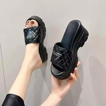 Лето 2024, женские сандалии на очень высоком каблуке с 4 нишами, пляжная обувь, обувь с подъемом, нескользящая обувь на танкетке, с металлической пряжкой 35