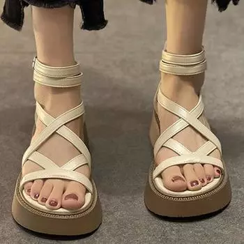 Лето 2024, женские сандалии на толстом каблуке, женские новые туфли с открытым носком, модные повседневные сандалии, женские дизайнерские римские туфли на плоской подошве 35 бежевый