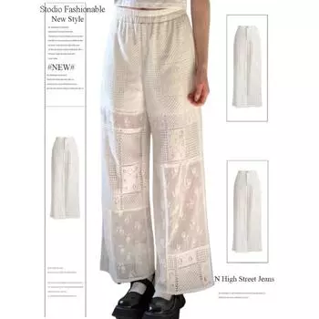 Лето 2024, женские свободные брюки Y2k, винтажные тонкие брюки с высокой талией и цветочной вышивкой, кружевные полые брюки Y2k, эстетические повседневные брюки S белый