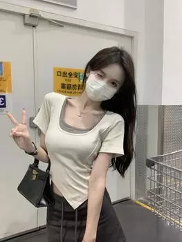 Лето 2024, женские топы с квадратным вырезом, тонкие контрастные цвета, искусственные две части, женские топы с короткими рукавами, модная футболка S хаки