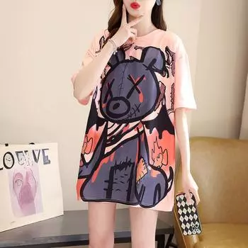 Лето 2024, женские забавные футболки с мультяшным принтом, большие графические футболки, розовые топы y2k, модная футболка в стиле Харадзюку, уличная одежда one size