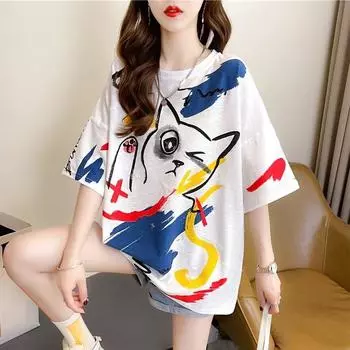 2024 летние женские забавные мультяшные принты оверсайз графические футболки белые серые топы y2k модные футболки унисекс больших размеров harajuku streetwear one size