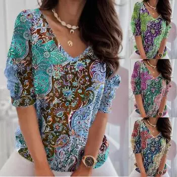 Лето 2024, женский пуловер с принтом в стиле ретро, женская футболка с v-образным вырезом и раздельными рукавами, повседневный удобный топ S жёлтый