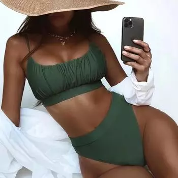 Лето 2024, женское бикини, треугольный сексуальный однотонный купальный костюм из двух предметов, бикини с высокой талией, пляжный купальник для женщин S чёрный