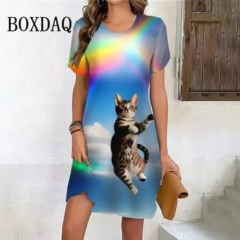 Лето 2024, женское платье, радужное мини-платье с милым котом и круглым вырезом, коротким рукавом, повседневное женское свободное милое трапециевидное платье, Vestidos S