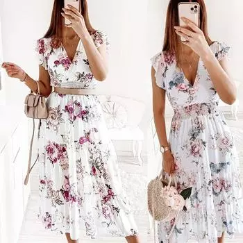 Лето 2024, женское платье с короткими рукавами и v-образным вырезом с принтом и оборками, не подходящее для пояса S белый