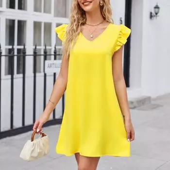 Лето 2024, женское плиссированное пляжное платье с v-образным вырезом, однотонное платье, свободное платье в форме сердца с рюшами, элегантные желтые платья S жёлтый