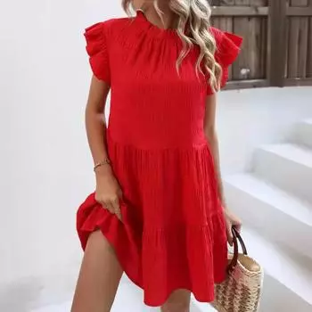 Лето 2024, женское сексуальное плиссированное пляжное платье, однотонное платье с рюшами и рукавами, милое платье, мини-платье, элегантное красное платье трапециевидной формы S красный