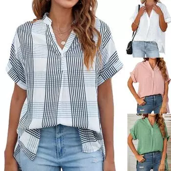 Лето 2025 г. Новая женская рубашка свободного кроя с V-образным вырезом и коротким рукавом в полоску S белый