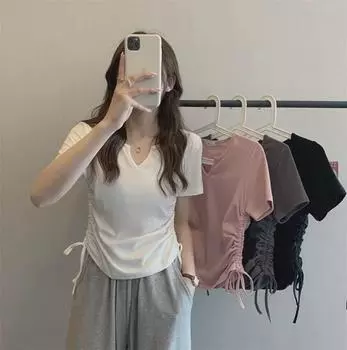 Лето 2025 г. Женская футболка с V-образным вырезом и завязками - Модный однотонный топ с короткими рукавами L розовый