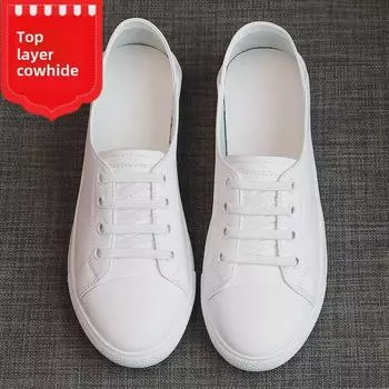 Лето 2025 г. Женские белые туфли на плоской подошве из натуральной кожи — универсальные кроссовки с неглубоким носком 34