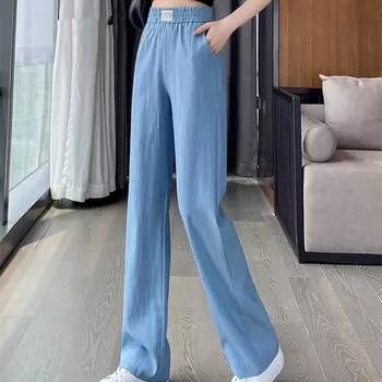 Лето 2025 г. Женские брюки Tencel с широкими штанинами и высокой талией Ice Silk S темно-синий