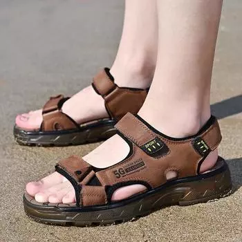 Лето 2025 года, мужские пляжные сандалии для отдыха на открытом воздухе, первый слой из натуральной коровьей кожи, открытый носок, дышащая подошва из говяжьих сухожилий, классные тапочки 38 коричневый