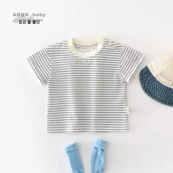 Лето 2025 года, новая детская полосатая футболка с короткими рукавами, корейская версия детского топа с круглым вырезом и открытыми плечами 73cm