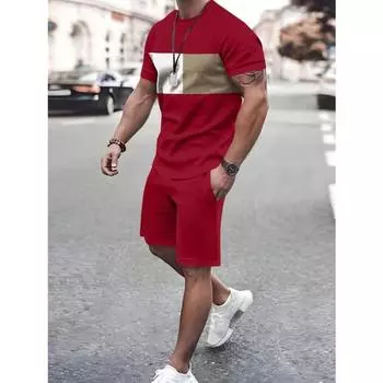 Лето 2025 года, новая модная и красивая повседневная футболка с коротким рукавом и круглым вырезом в цветных блоках, летние мужские шорты, легкие S