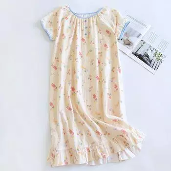 Лето 2025 года, новая женская пижамная юбка из 100% чистого хлопка, двухслойная марлевая пижамная юбка с коротким рукавом, тонкий милый пуловер, домашнее платье M