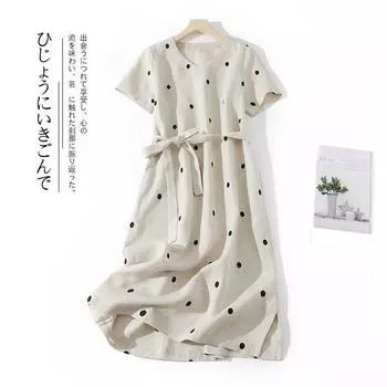 Лето 2025 года, новое хлопковое и льняное платье в горошек, средней длины, со шнуровкой на талии и тонкой юбкой с короткими рукавами M тёмно-синий