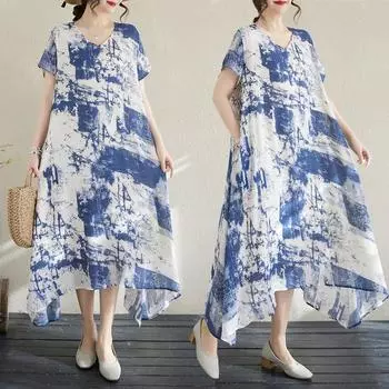 Лето 2025 года, новое хлопковое льняное платье с V-образным вырезом и принтом больших размеров M синий