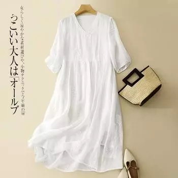 Лето 2025 года, новое платье из хлопка и льна с V-образным вырезом, вышитое, двухслойное, женское, свободное и тонкое, однотонное, с рукавами пять точек, длинное платье в стиле темперамент M белый