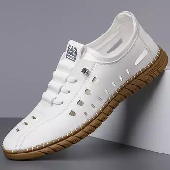 Лето 2025 года, новые дышащие мягкие подошвы, модные мужские повседневные сандалии, сшитые вручную, прочные, мужские туфли с отверстиями 6619 38 белый